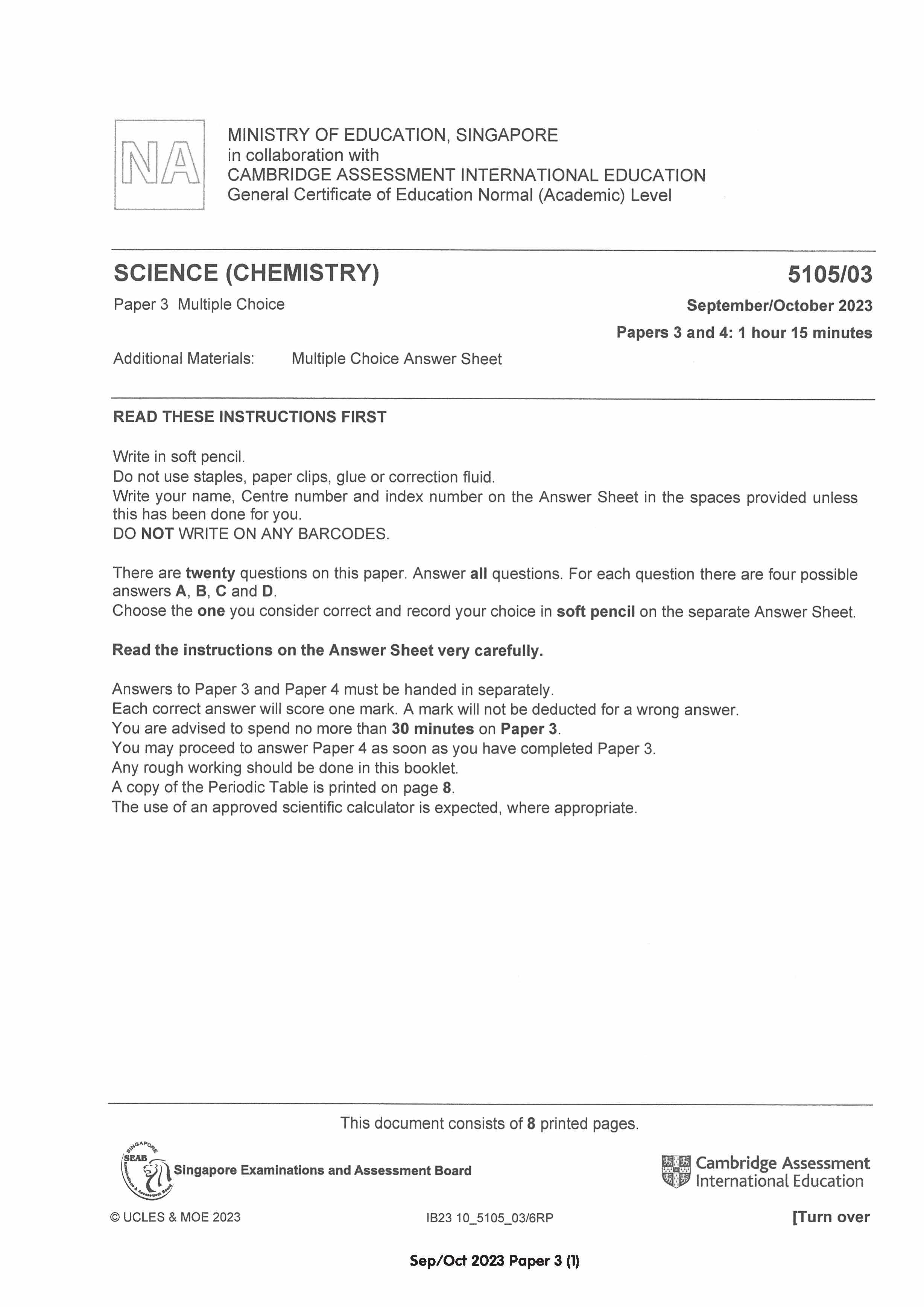 N(A) Science Chemistry Exam Q&A 14-23 (TYS)